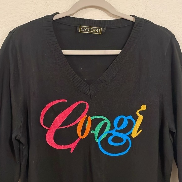 Coogi Women's V-Neck Sweater 1X Black Colorful Embroidered Logo Colorblock - Picture 4 of 13